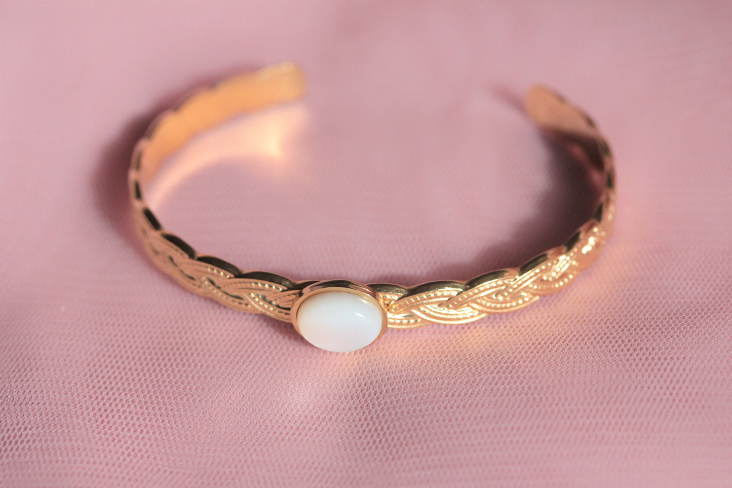 Bangle bracelet with two adjustable natural mother-of-pearl stones gilded with fine gold Emmanuelle