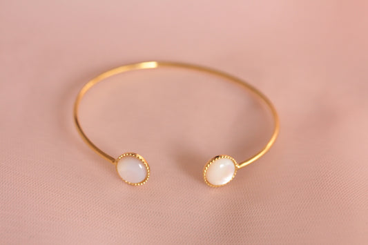 Bangle bracelet with two adjustable natural mother-of-pearl stones gilded with fine gold Emmanuelle