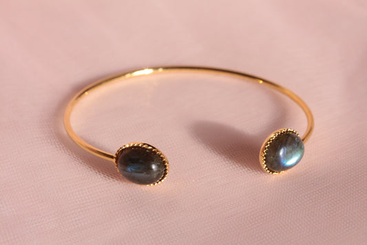 Bangle bracelet with two natural mother-of-pearl stones gilded with fine gold