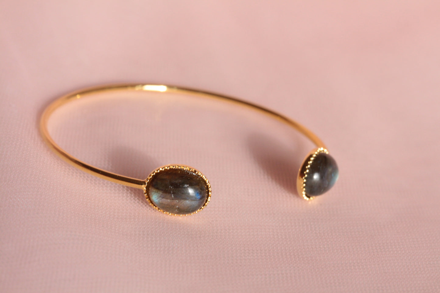 Bangle bracelet with two natural mother-of-pearl stones gilded with fine gold