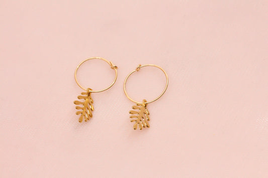 14 carat gold filled hoop earrings with Terry gold plated pewter gingko leaves