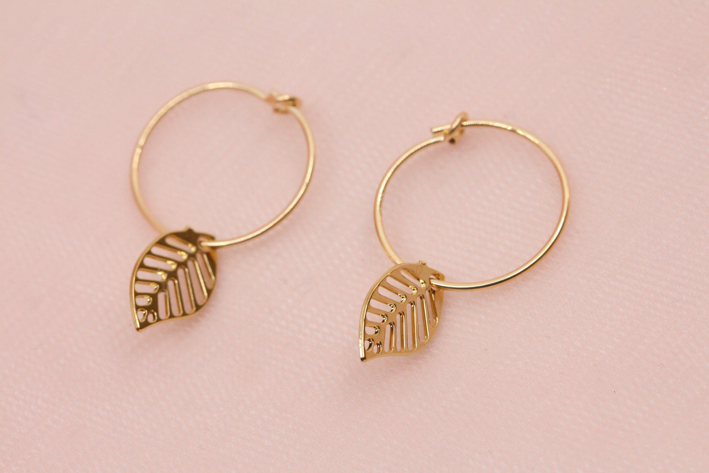 14 carat gold filled hoop earrings with Terry gold plated pewter gingko leaves