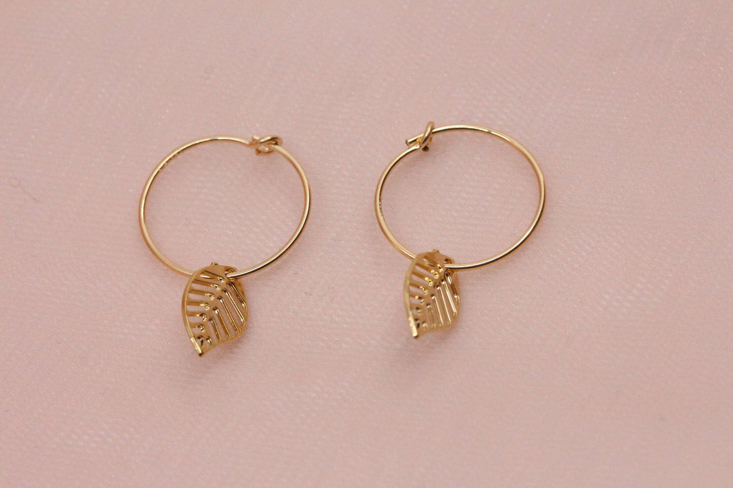 14 carat gold filled hoop earrings with Terry gold plated pewter gingko leaves