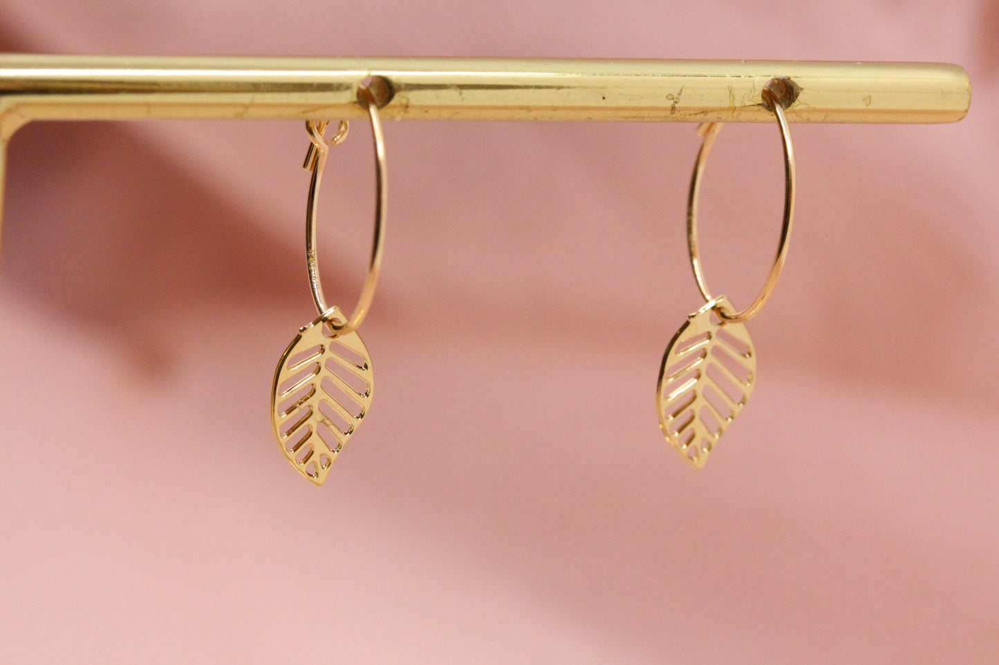 14 carat gold filled hoop earrings with Terry gold plated pewter gingko leaves