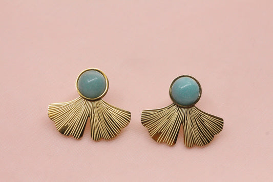 Boucles d'oreilles acier inoxydable gingko amazonite pierre fine naturelle