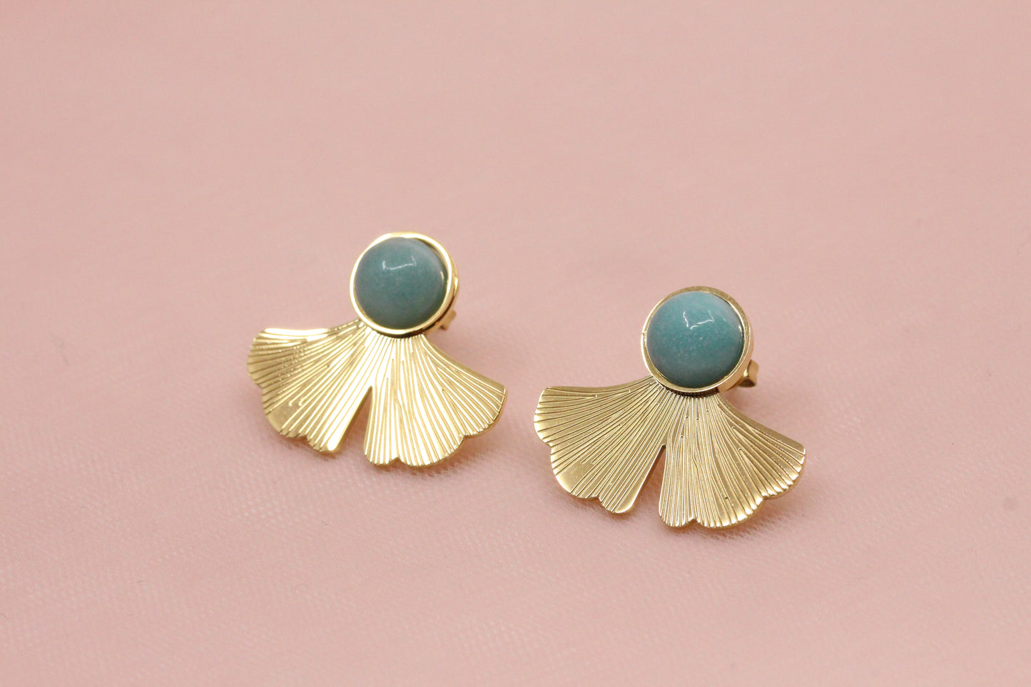 Boucles d'oreilles acier inoxydable gingko amazonite pierre fine naturelle