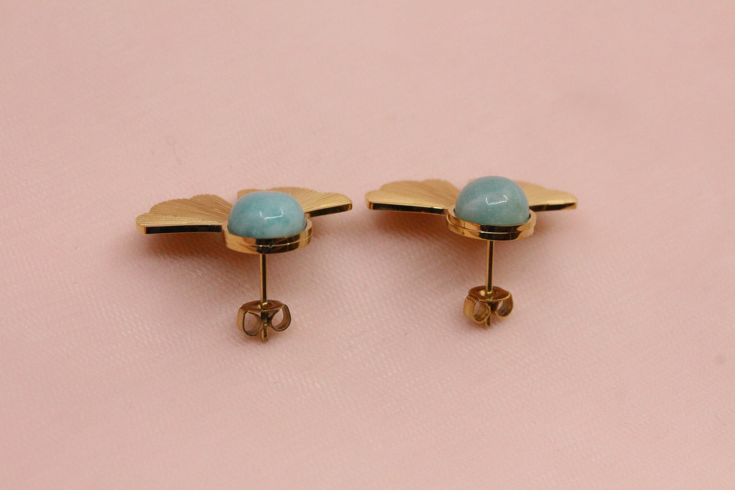 Boucles d'oreilles acier inoxydable gingko amazonite pierre fine naturelle