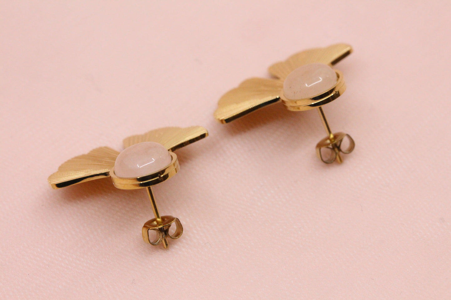 Boucles d'oreilles acier inoxydable gingko quartz rose pierre fine naturelle