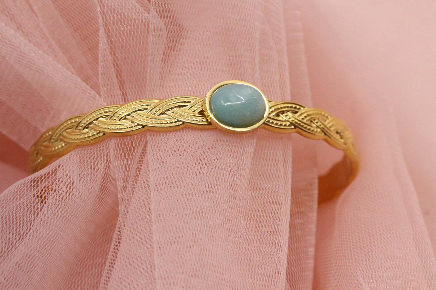 Bangle bracelet with two adjustable natural mother-of-pearl stones gilded with fine gold Emmanuelle